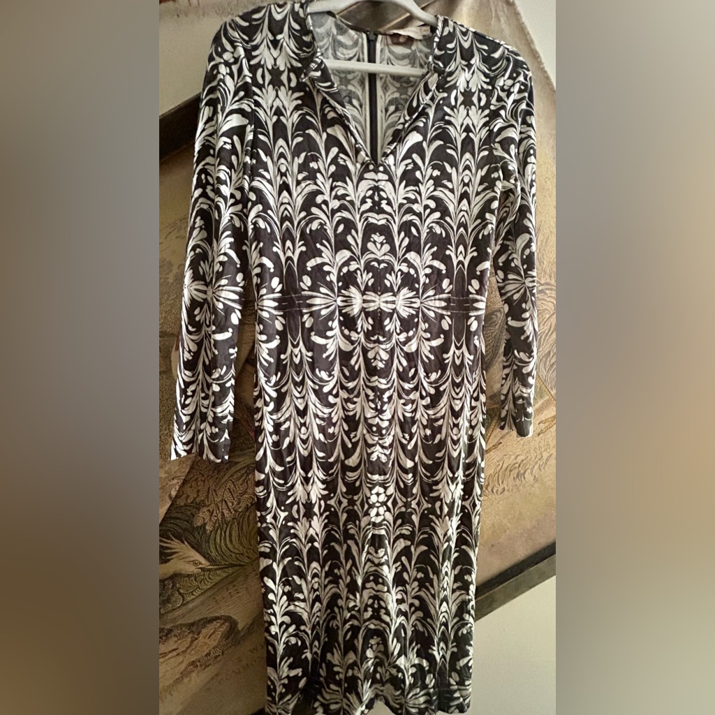 * Tory Burch Charcoal Gray White Abstract Print Dress Sz Medium Fits Small *